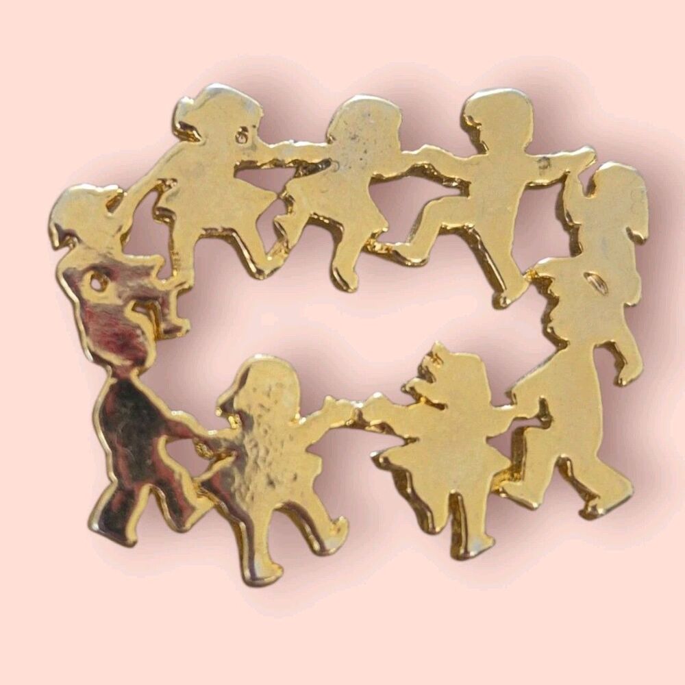 Vintage CTPM Signed Gold-Tone Kids Ring Around The Rosie Lapel Pin 1 in